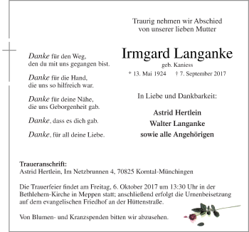 Traueranzeige von Irmgard Langanke von Neue Osnabrücker Zeitung GmbH & Co. KG