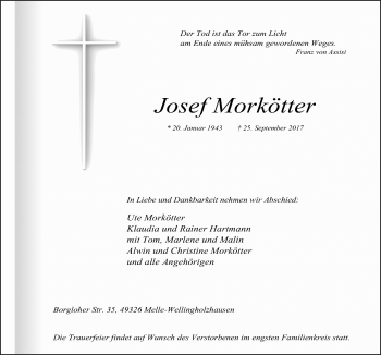 Traueranzeige von Josef Morkötter von Neue Osnabrücker Zeitung GmbH & Co. KG