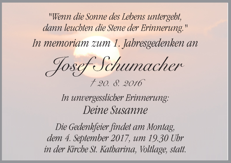  Traueranzeige für Josef Schumacher vom 02.09.2017 aus Neue Osnabrücker Zeitung GmbH & Co. KG