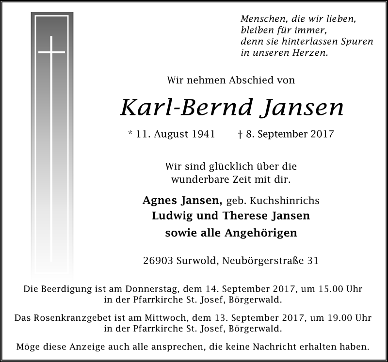  Traueranzeige für Karl-Bernd Jansen vom 11.09.2017 aus Neue Osnabrücker Zeitung GmbH & Co. KG