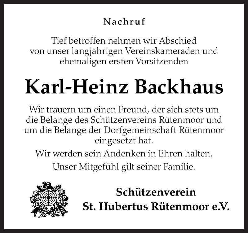  Traueranzeige für Karl-Heinz Backhaus vom 09.09.2017 aus Neue Osnabrücker Zeitung GmbH & Co. KG