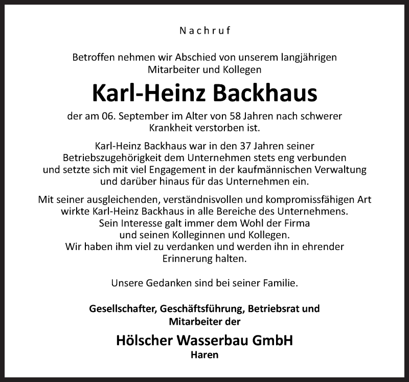  Traueranzeige für Karl-Heinz Backhaus vom 09.09.2017 aus Neue Osnabrücker Zeitung GmbH & Co. KG