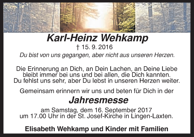  Traueranzeige für Karl-Heinz Wehkamp vom 13.09.2017 aus Neue Osnabrücker Zeitung GmbH & Co. KG
