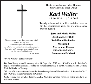 Traueranzeige von Karl Waller von Neue Osnabrücker Zeitung GmbH & Co. KG