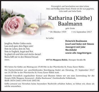 Traueranzeige von Katharina Baalmann von Neue Osnabrücker Zeitung GmbH & Co. KG