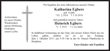 Traueranzeige von Katharina und Heinric Egbers von Neue Osnabrücker Zeitung GmbH & Co. KG