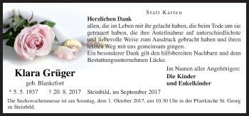 Traueranzeige von Klara Grüger von Neue Osnabrücker Zeitung GmbH & Co. KG