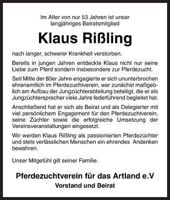 Traueranzeige von Klaus Rißling von Neue Osnabrücker Zeitung GmbH & Co. KG