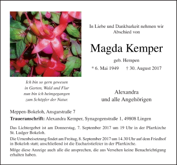 Traueranzeige von Magda Kemper von Neue Osnabrücker Zeitung GmbH & Co. KG