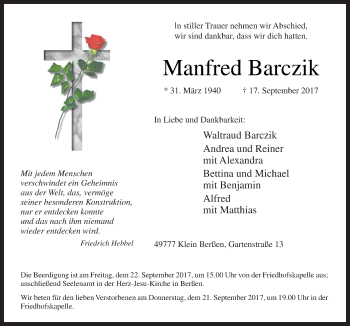 Traueranzeige von Manfred Barczik von Neue Osnabrücker Zeitung GmbH & Co. KG