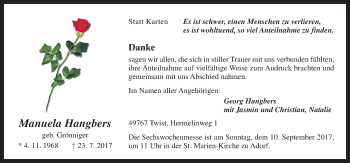 Traueranzeige von Manuela Hangbers von Neue Osnabrücker Zeitung GmbH & Co. KG