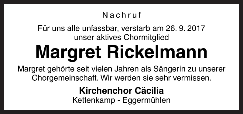  Traueranzeige für Margret Rickelmann vom 30.09.2017 aus Neue Osnabrücker Zeitung GmbH & Co. KG