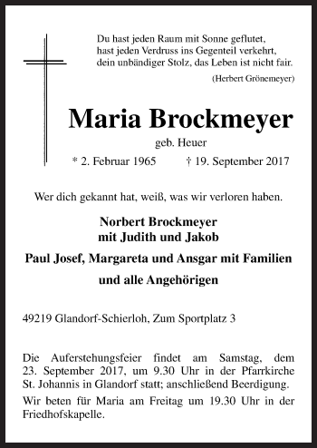 Traueranzeige von Maria Brockmeyer von Neue Osnabrücker Zeitung GmbH & Co. KG
