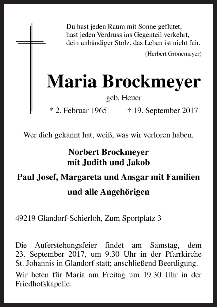  Traueranzeige für Maria Brockmeyer vom 21.09.2017 aus Neue Osnabrücker Zeitung GmbH & Co. KG