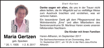 Traueranzeige von Maria Gertzen von Neue Osnabrücker Zeitung GmbH & Co. KG