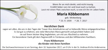 Traueranzeige von Maria Köbbemann von Neue Osnabrücker Zeitung GmbH & Co. KG