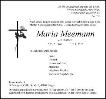 Traueranzeige von Maria Meemann von Neue Osnabrücker Zeitung GmbH & Co. KG