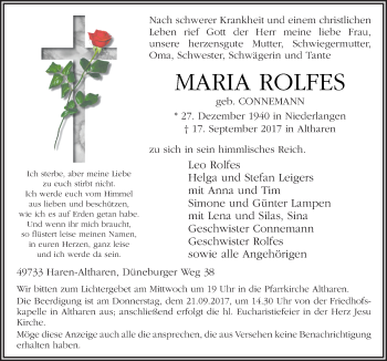 Traueranzeige von Maria Rolfes von Neue Osnabrücker Zeitung GmbH & Co. KG