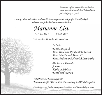 Traueranzeige von Marianne List von Neue Osnabrücker Zeitung GmbH & Co. KG