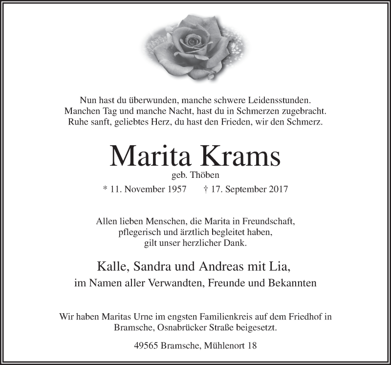  Traueranzeige für Marita Krams vom 23.09.2017 aus Neue Osnabrücker Zeitung GmbH & Co. KG