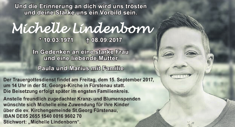  Traueranzeige für Michelle Lindenborn vom 12.09.2017 aus Neue Osnabrücker Zeitung GmbH & Co. KG
