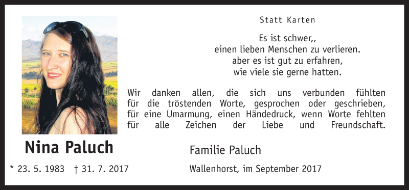  Traueranzeige für Nina Paluch vom 23.09.2017 aus Neue Osnabrücker Zeitung GmbH & Co. KG