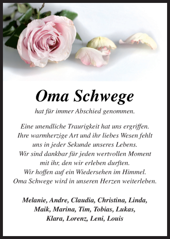 Traueranzeige von Oma Schwege  von Neue Osnabrücker Zeitung GmbH & Co. KG