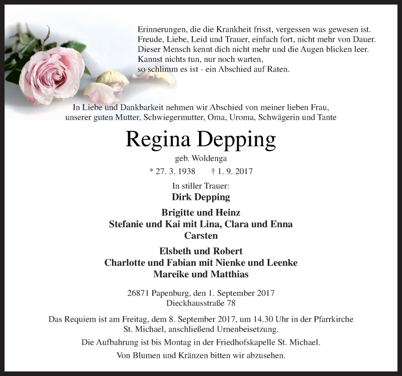 Traueranzeige für Regina Depping vom 02.09.2017 aus Neue Osnabrücker Zeitung GmbH & Co. KG
