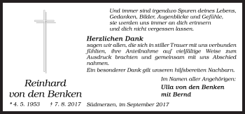 Traueranzeige von Reinhard von den Benken von Neue Osnabrücker Zeitung GmbH & Co. KG