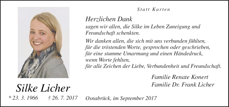  Traueranzeige für Silke Licher vom 02.09.2017 aus Neue Osnabrücker Zeitung GmbH & Co. KG