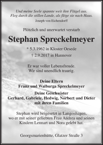 Traueranzeige von Stephan Spreckelmeyer von Neue Osnabrücker Zeitung GmbH & Co. KG