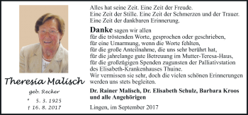 Traueranzeige von Theresia Malisch von Neue Osnabrücker Zeitung GmbH & Co. KG