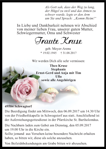 Traueranzeige von Traute Kruse von Neue Osnabrücker Zeitung GmbH & Co. KG