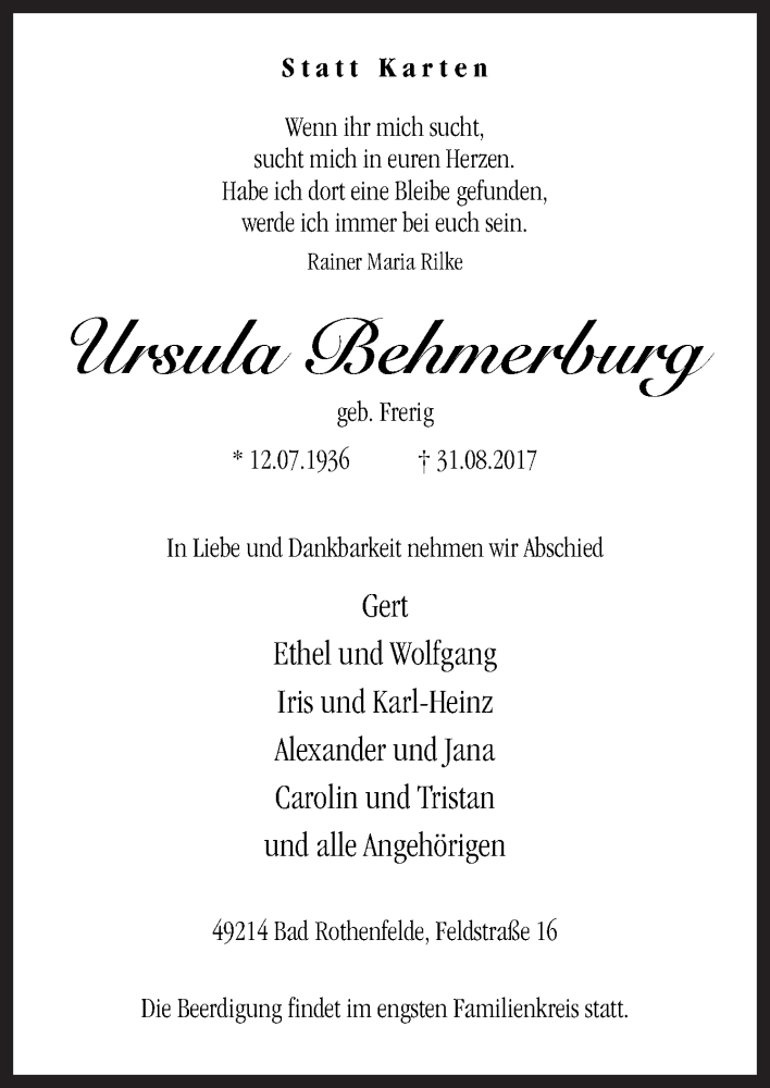  Traueranzeige für Ursula Behmerburg vom 04.09.2017 aus Neue Osnabrücker Zeitung GmbH & Co. KG