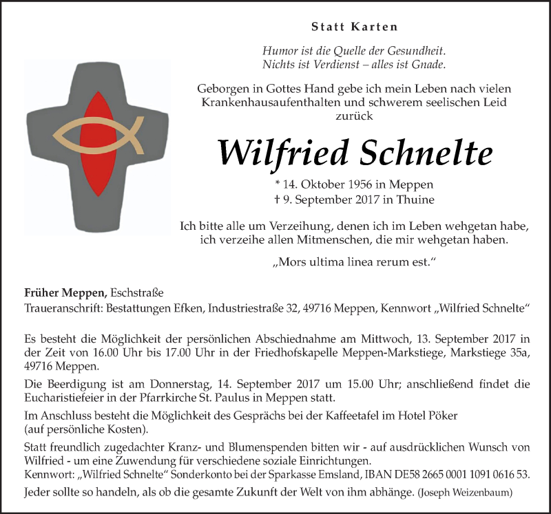  Traueranzeige für Wilfried Schnelte vom 12.09.2017 aus Neue Osnabrücker Zeitung GmbH & Co. KG