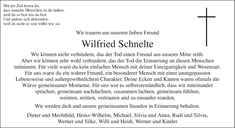  Traueranzeige für Wilfried Schnelte vom 13.09.2017 aus Neue Osnabrücker Zeitung GmbH & Co. KG