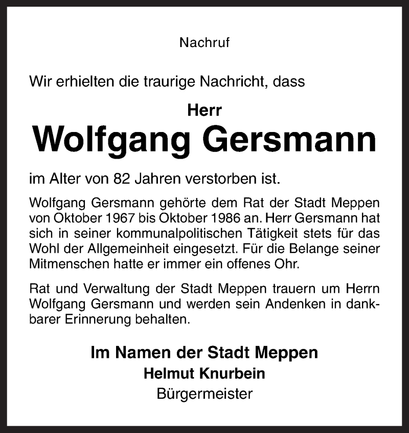  Traueranzeige für Wolfgang Gersmann vom 01.09.2017 aus Neue Osnabrücker Zeitung GmbH & Co. KG
