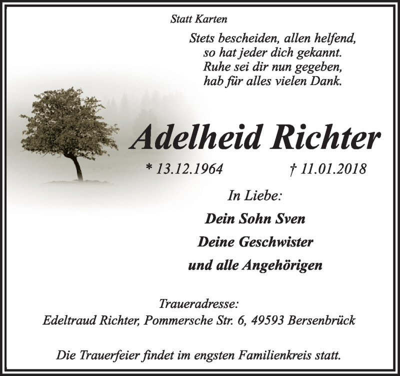  Traueranzeige für Adelheid Richter vom 16.01.2018 aus Neue Osnabrücker Zeitung GmbH & Co. KG