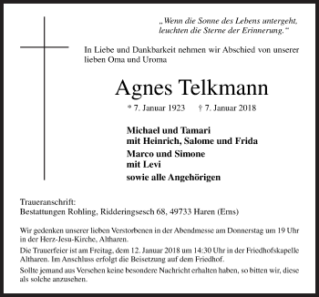 Traueranzeige von Agnes Telkmann von Neue Osnabrücker Zeitung GmbH & Co. KG