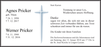 Traueranzeige von Agnes und Werner Pricker von Neue Osnabrücker Zeitung GmbH & Co. KG