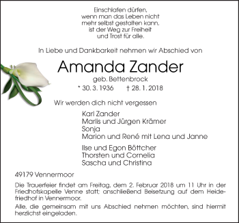 Traueranzeige von Amanda Zander von Neue Osnabrücker Zeitung GmbH & Co. KG