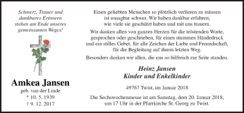 Traueranzeige von Amkea Jansen von Neue Osnabrücker Zeitung GmbH & Co. KG