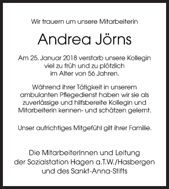 Traueranzeige von Andrea Jörns von Neue Osnabrücker Zeitung GmbH & Co. KG