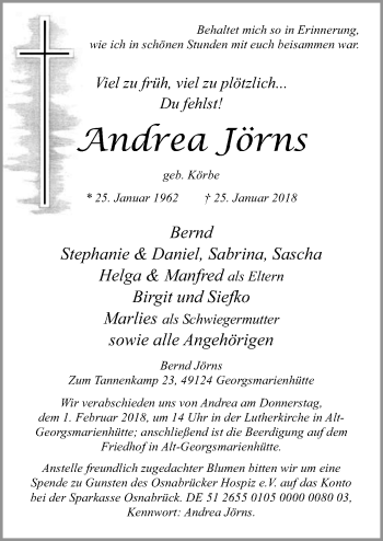 Traueranzeige von Andrea Jörns von Neue Osnabrücker Zeitung GmbH & Co. KG