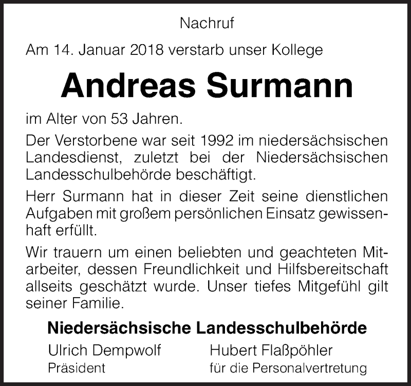 Traueranzeige für Andreas Surmann vom 20.01.2018 aus Neue Osnabrücker Zeitung GmbH & Co. KG