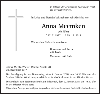 Traueranzeige von Anna Meemken von Neue Osnabrücker Zeitung GmbH & Co. KG