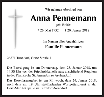 Traueranzeige von Anna Pennemann von Neue Osnabrücker Zeitung GmbH & Co. KG