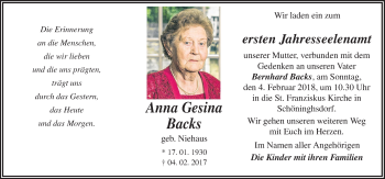 Traueranzeige von Anna Gesina Backs von Neue Osnabrücker Zeitung GmbH & Co. KG