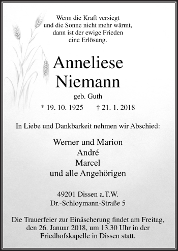 Traueranzeige von Anneliese Niemann von Neue Osnabrücker Zeitung GmbH & Co. KG