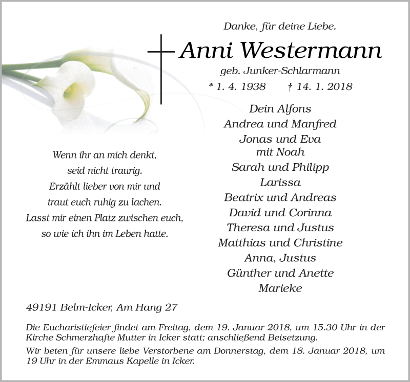  Traueranzeige für Anni Westermann vom 17.01.2018 aus Neue Osnabrücker Zeitung GmbH & Co. KG